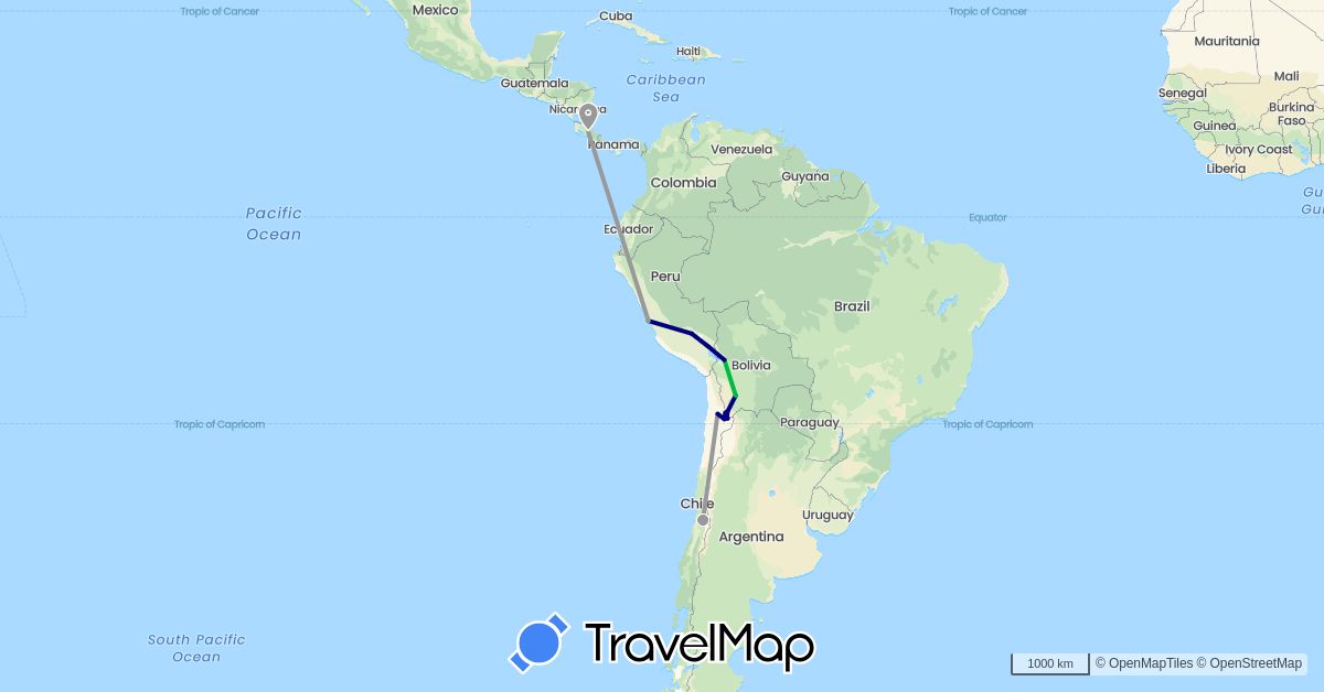 TravelMap itinerary: driving, bus, plane in Bolivia, Chile, Costa Rica, Peru (North America, South America)